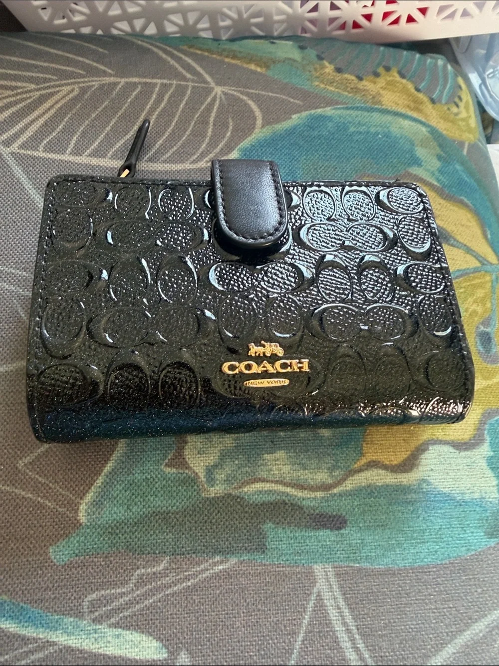 Coach Black Patent Signature Wallet with Yellow Zip Card Case
